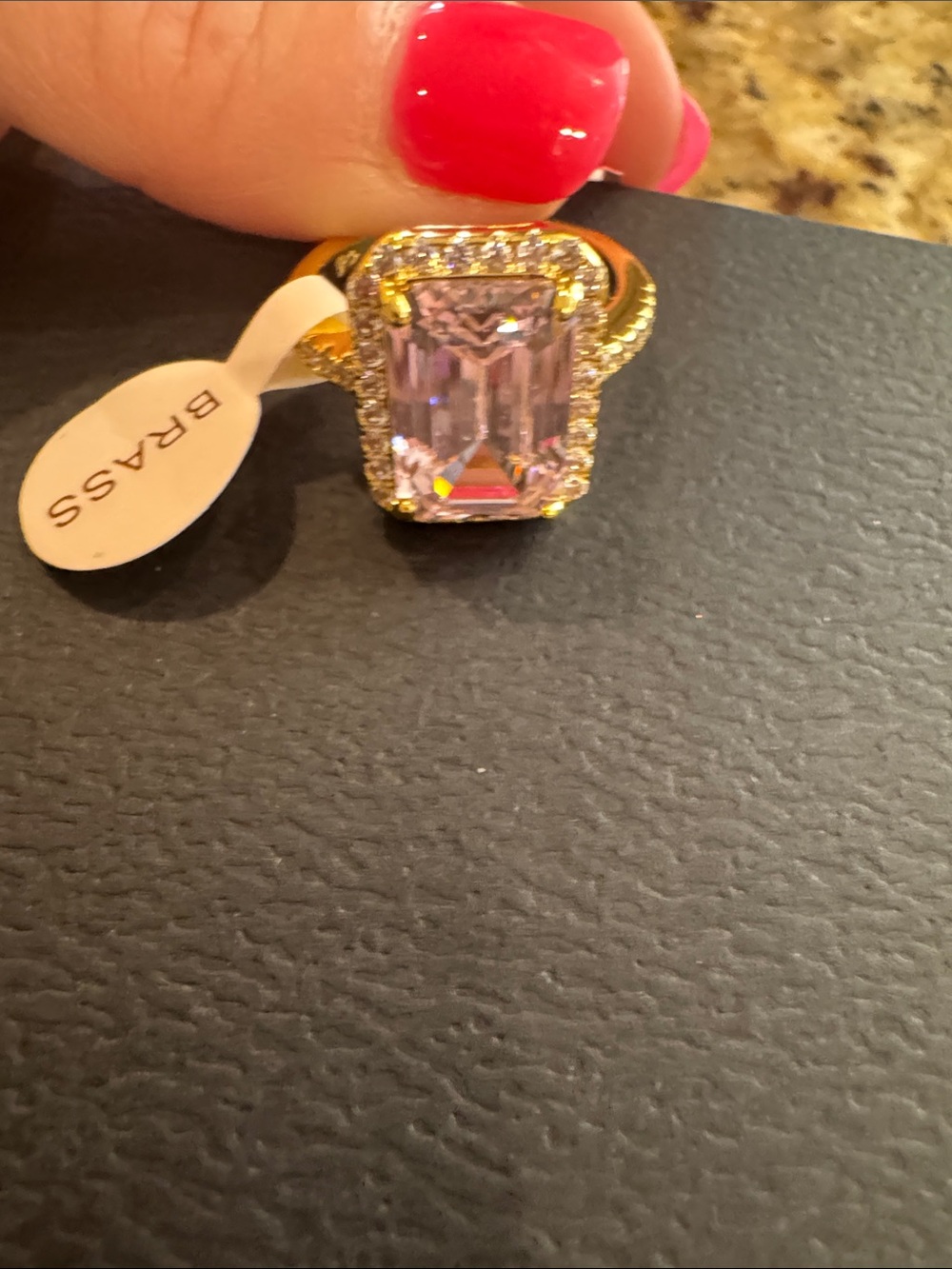 Gold-Plated Pink Emerald-Cut Halo Ring Size 8 NWT Brass